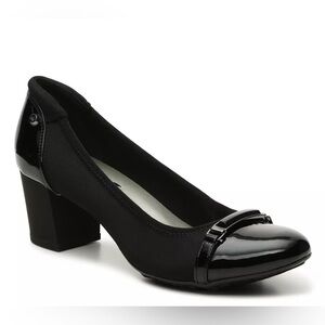 Anne Klein Sport Gazella Block Heel Round Toe Black Leather Pumps